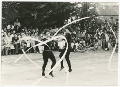 Presentation of Two Students from Birzeit College with Ribbons, the 1970s