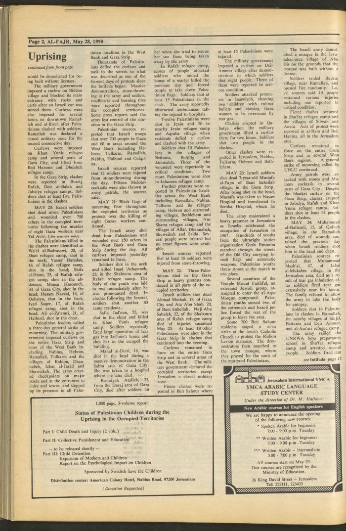 Issue 523 of al-Fajr Newspaper, 28 May 1990