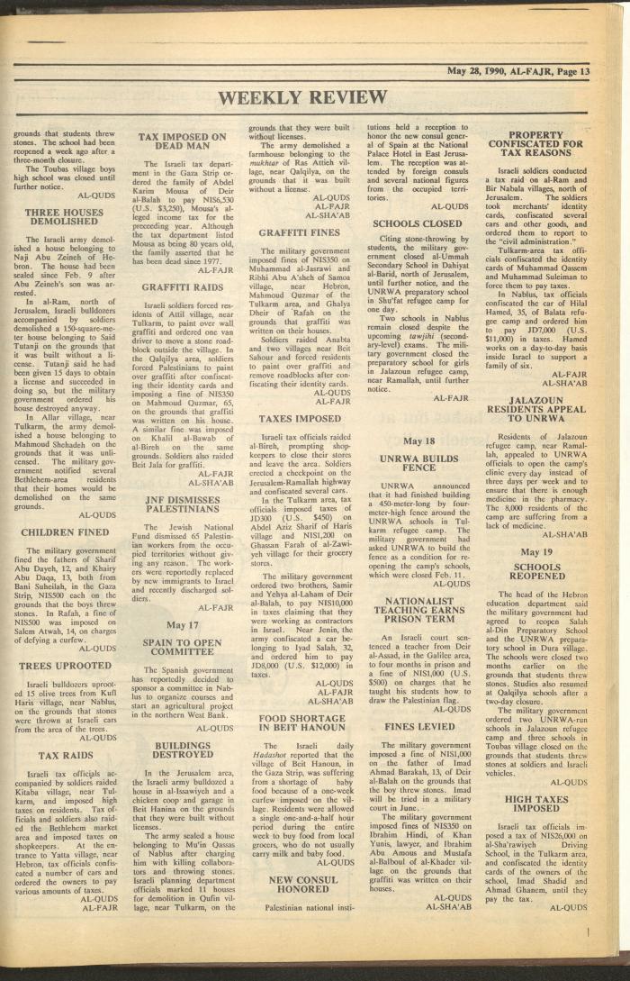 Issue 523 of al-Fajr Newspaper, 28 May 1990