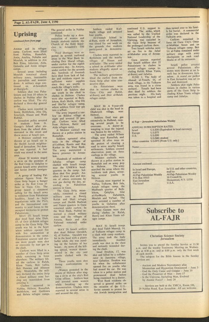 Issue 524 of al-Fajr Newspaper, 4 June 1990