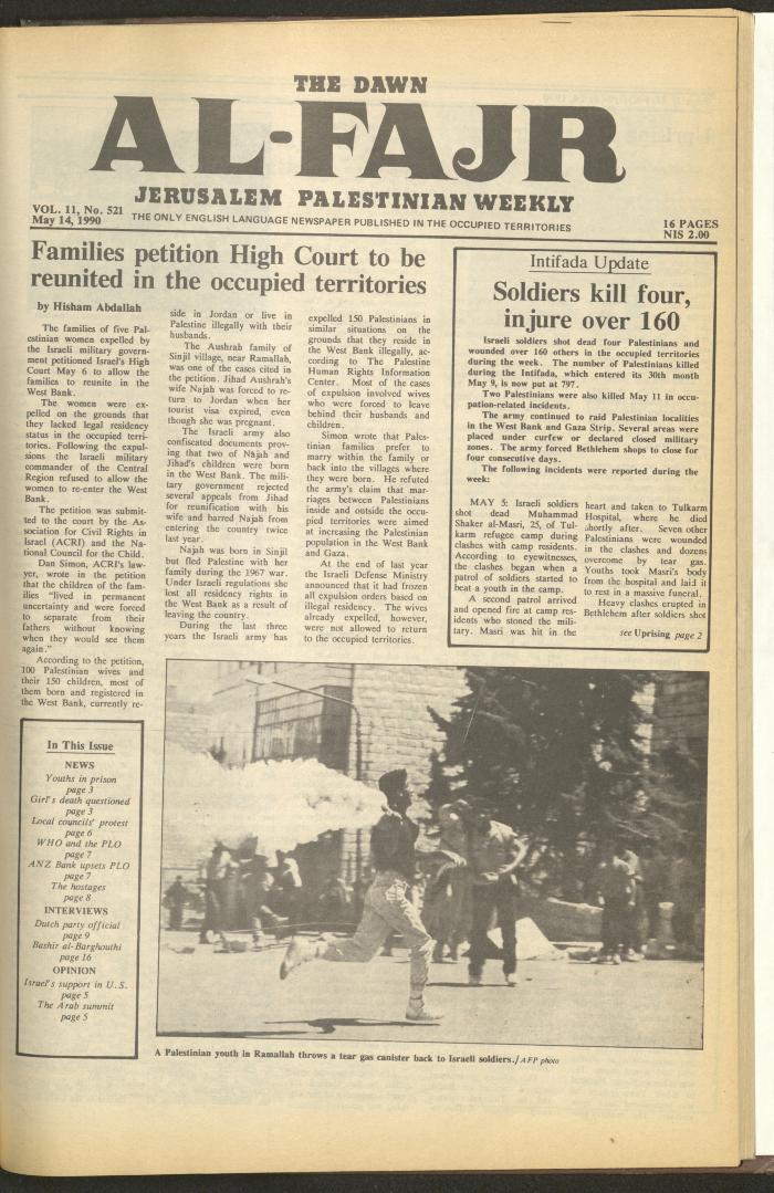 Issue 521 of al-Fajr Newspaper, 14 May 1990