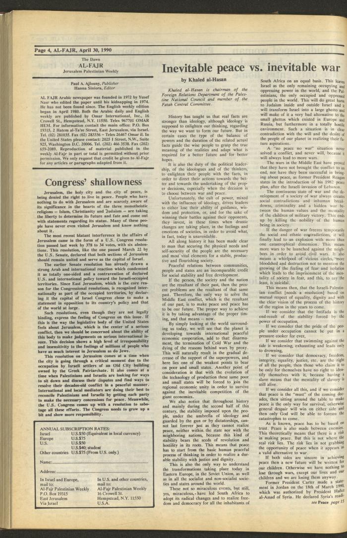 Issue 519 of al-Fajr Newspaper, 30 April 1990