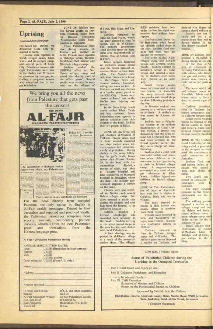 Issue 528 of al-Fajr Newspaper, 2 July 1990
