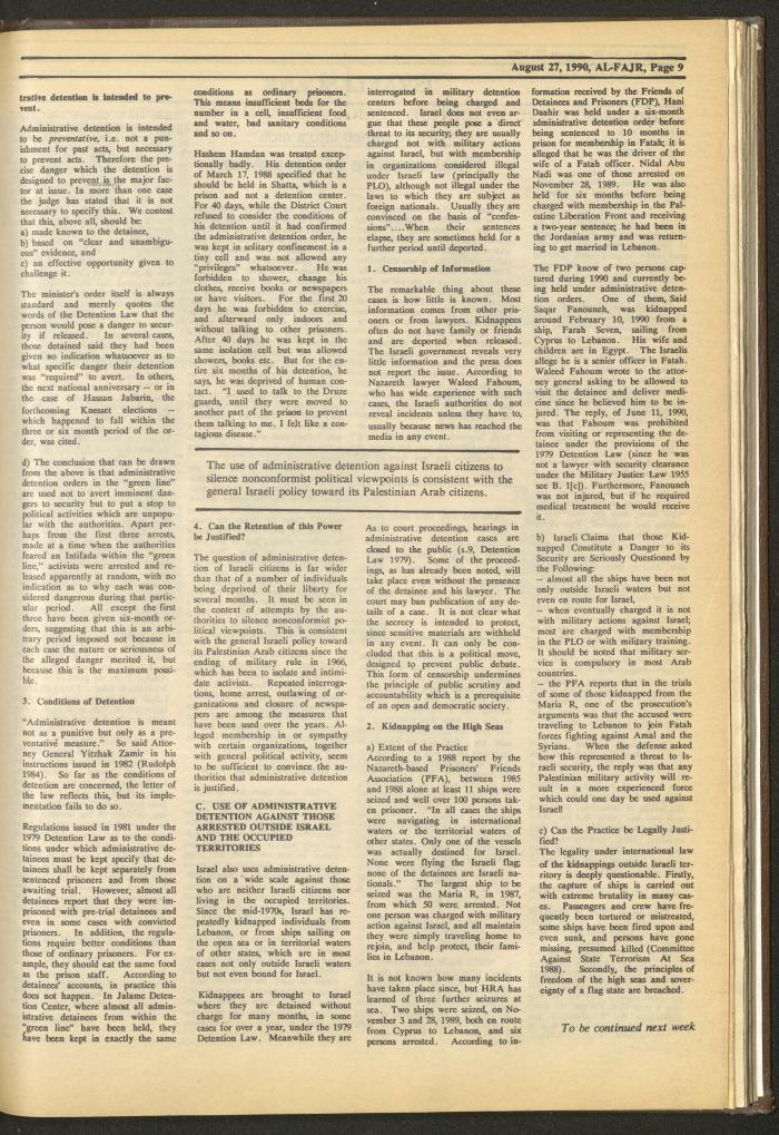 Issue 536 of al-Fajr Newspaper, 27 August 1990