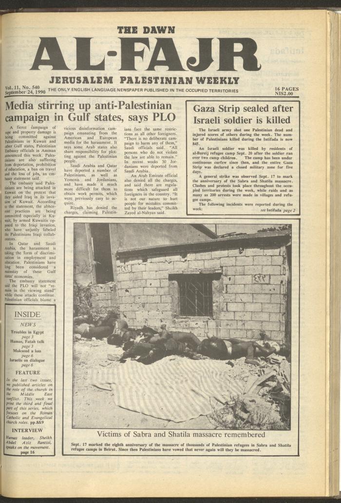 Issue 540 of al-Fajr Newspaper, 24 September 1990