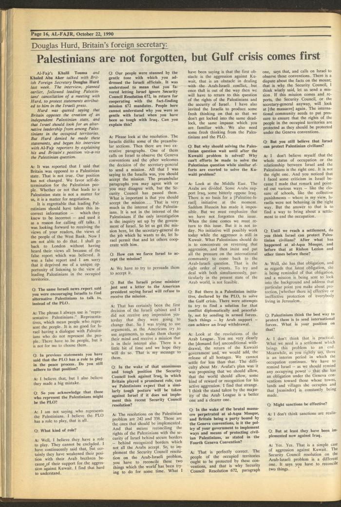 Issue 544 of al-Fajr Newspaper, 22 October 1990