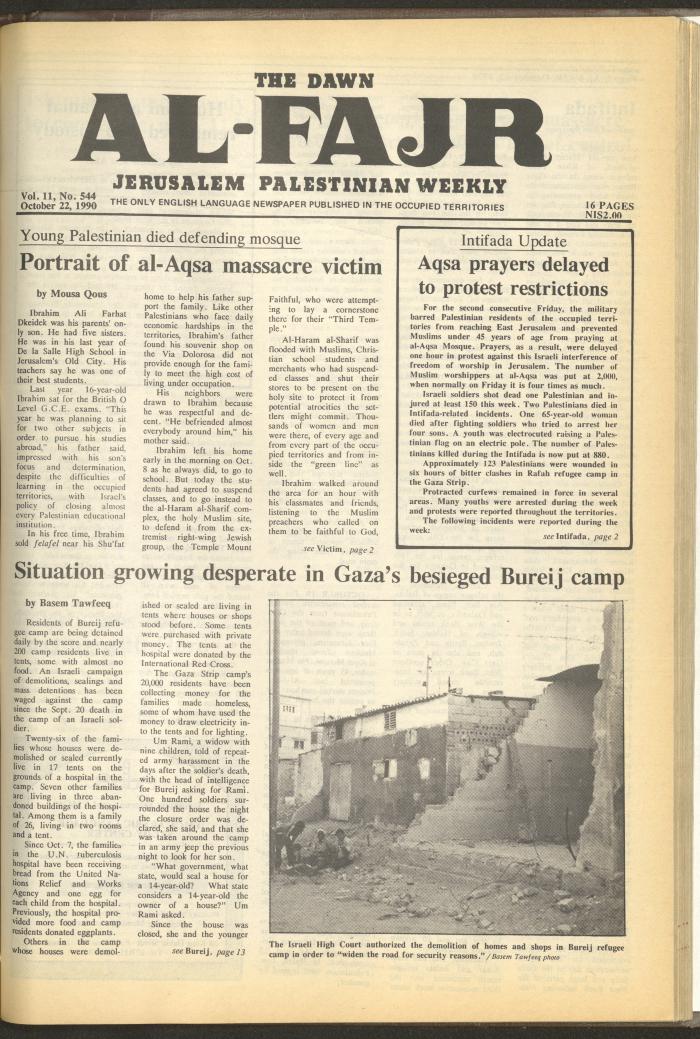 Issue 544 of al-Fajr Newspaper, 22 October 1990