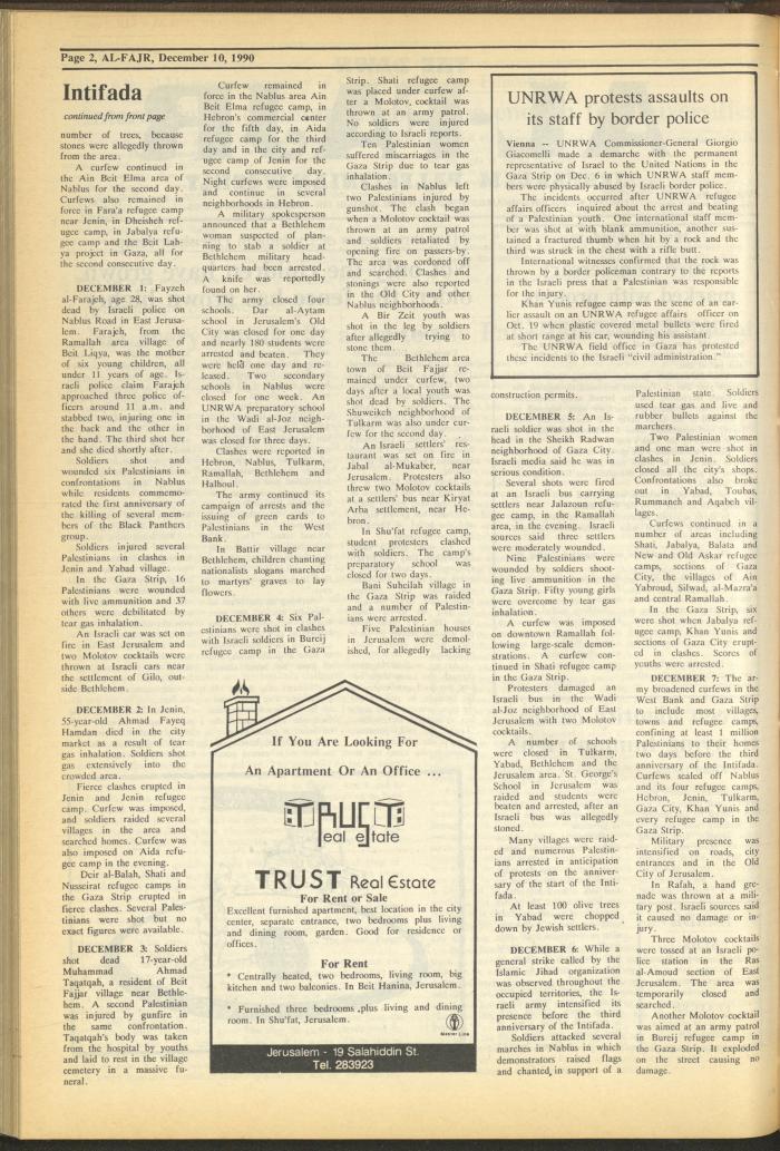 Issue 551 of al-Fajr Newspaper, 10 December 1990