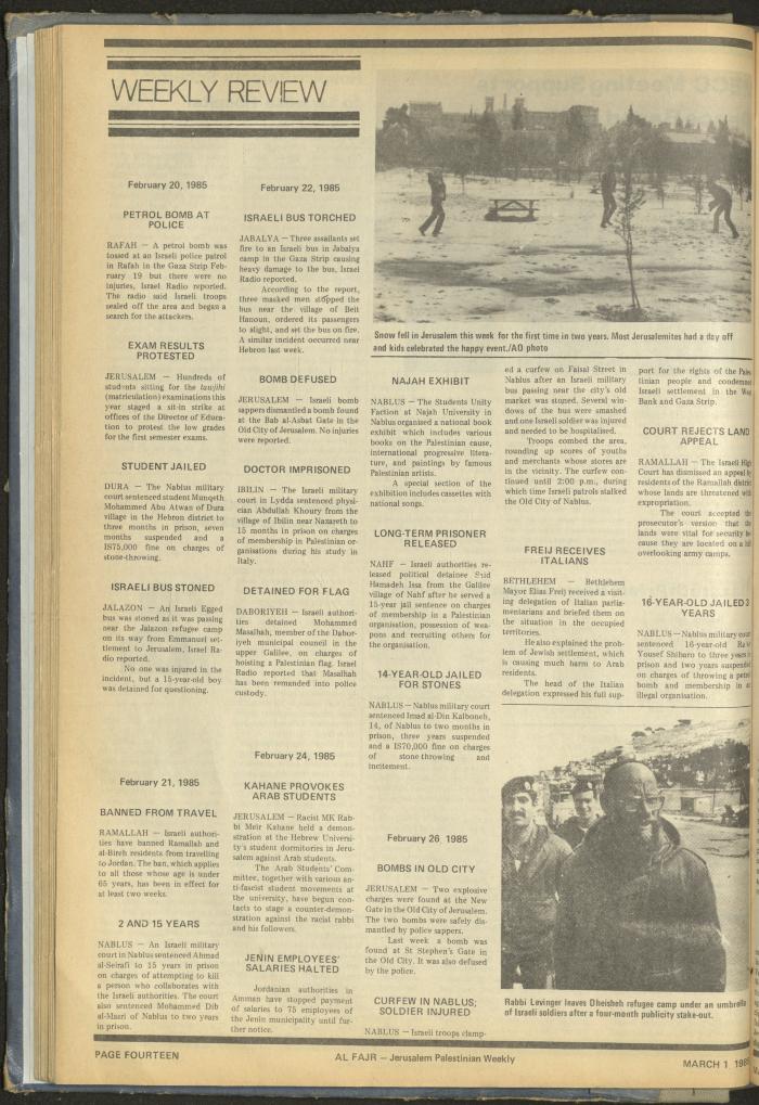 العدد 252 من جريدة الفجر، 1 آذار 1985