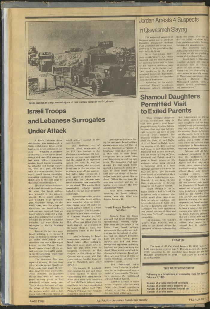 Issue 248 of al-Fajr Newspaper, 1 February 1985