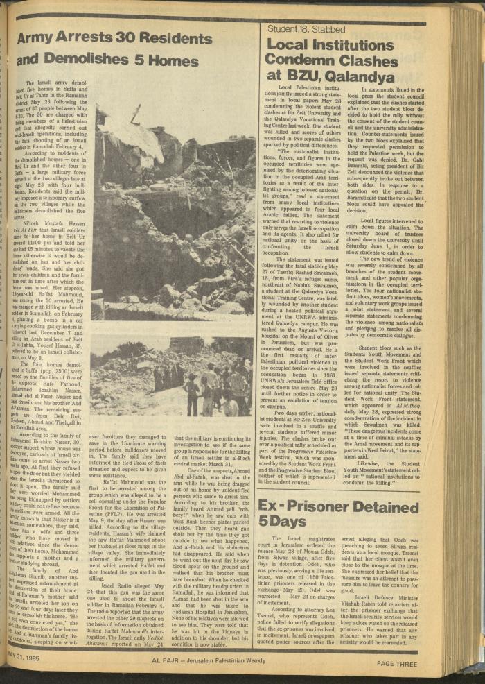 Issue 265 of al-Fajr Newspaper, 31 May 1985