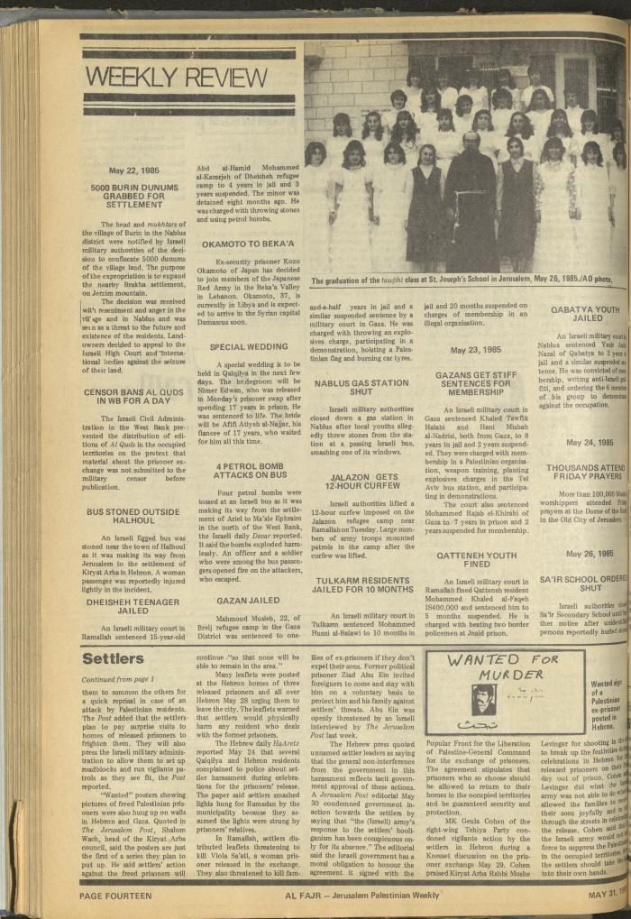 Issue 265 of al-Fajr Newspaper, 31 May 1985