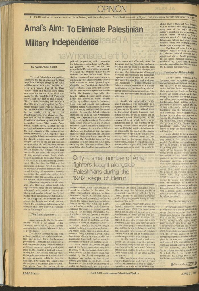 Issue 268 of al-Fajr Newspaper, 21 June 1985