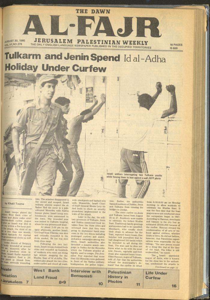 Issue 278 of al-Fajr Newspaper, 30 August 1985