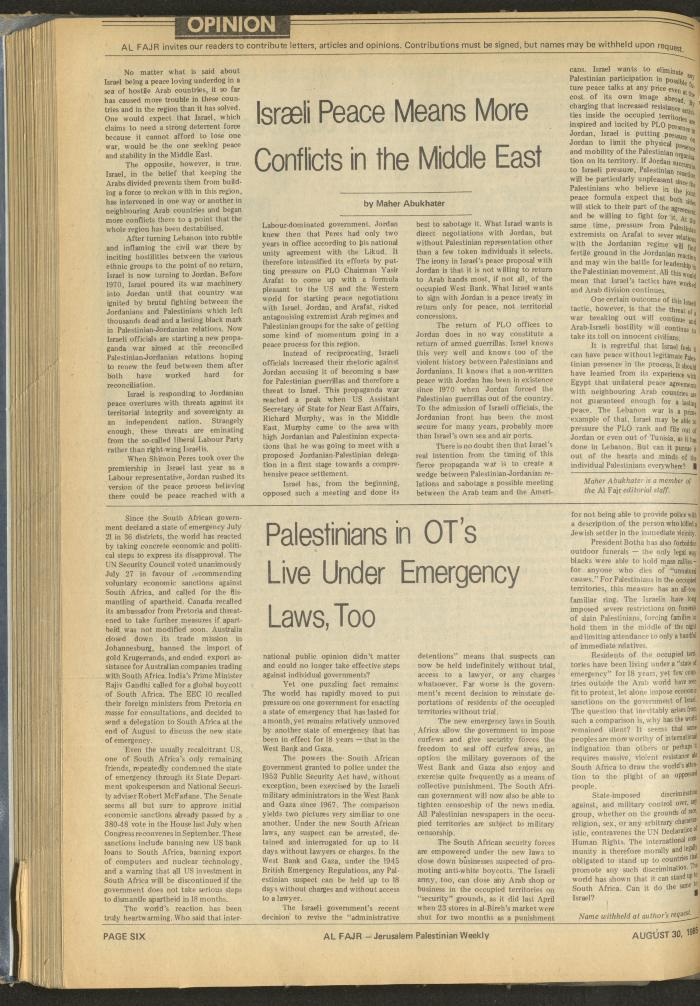 Issue 278 of al-Fajr Newspaper, 30 August 1985