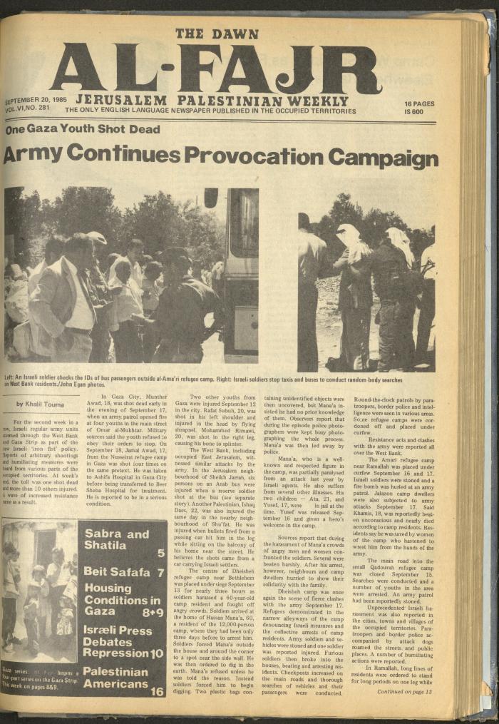 Issue 281 of al-Fajr Newspaper, 20 September 1985