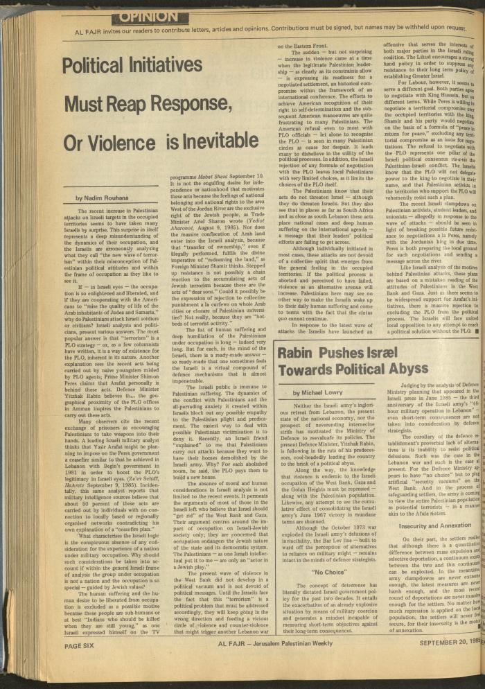 Issue 281 of al-Fajr Newspaper, 20 September 1985