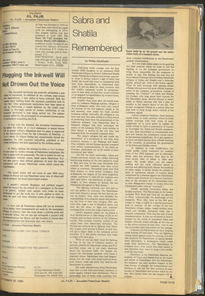 Issue 281 of al-Fajr Newspaper, 20 September 1985