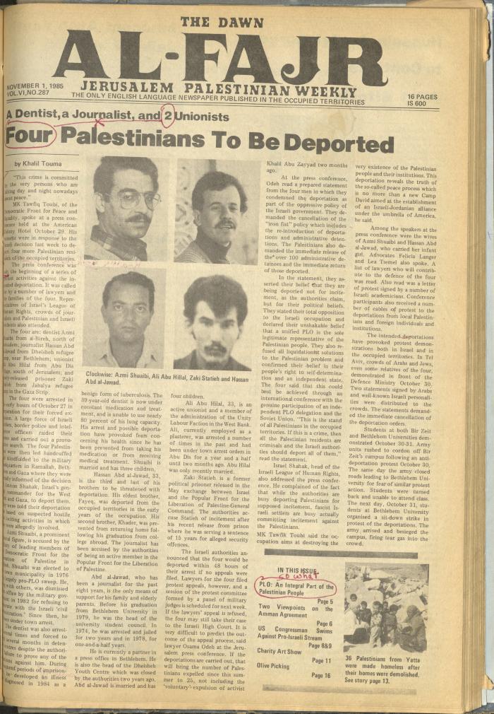 Issue 287 of al-Fajr Newspaper, 1 November 1985