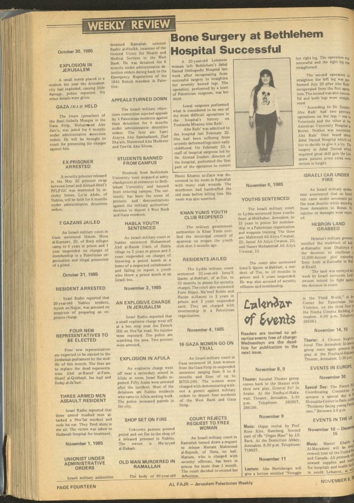 العدد 288 من جريدة الفجر، 8 تشرين الثاني 1985