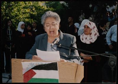 Janette Mikhael Delivering a Speech at Ramallah Secondary Girls School, 1995