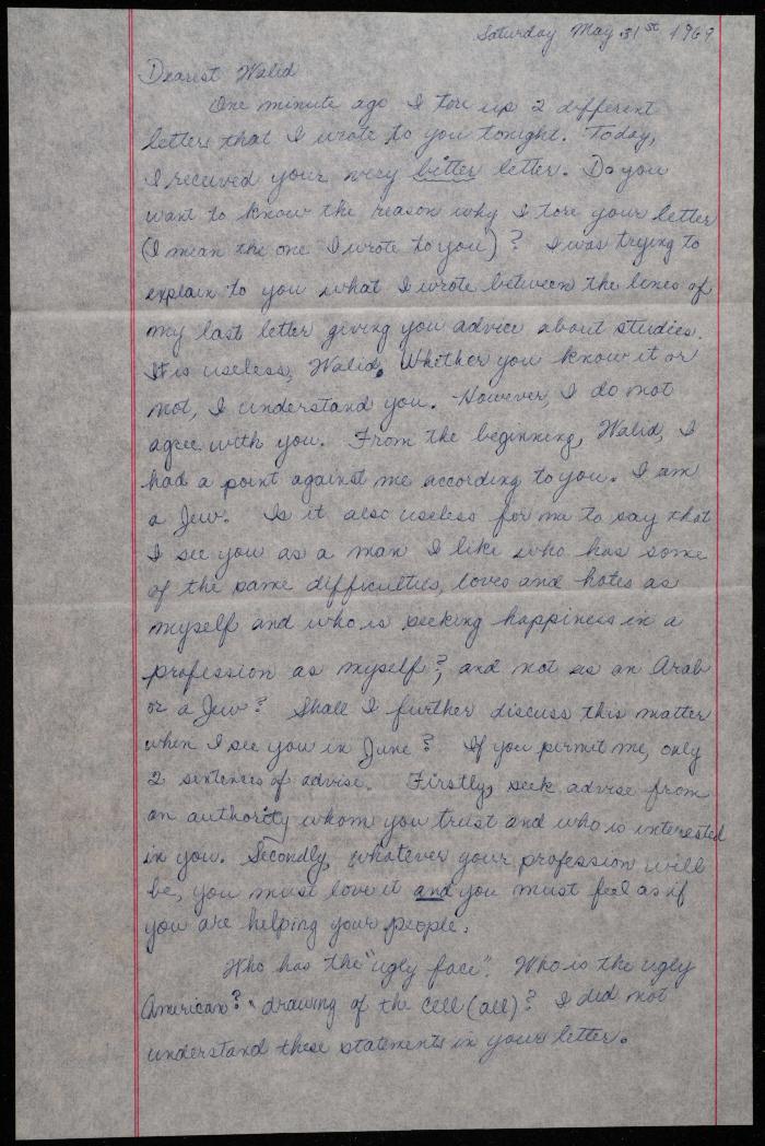 A Letter Addressed to Walid Fahoum from a Friend, 31 May 1969