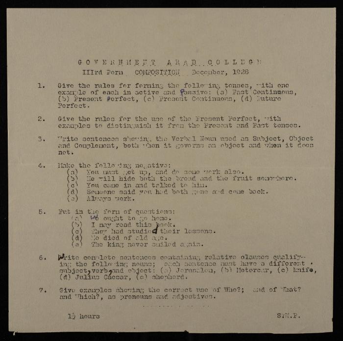 English Language Exam, Arab College, Jerusalem, December 1928