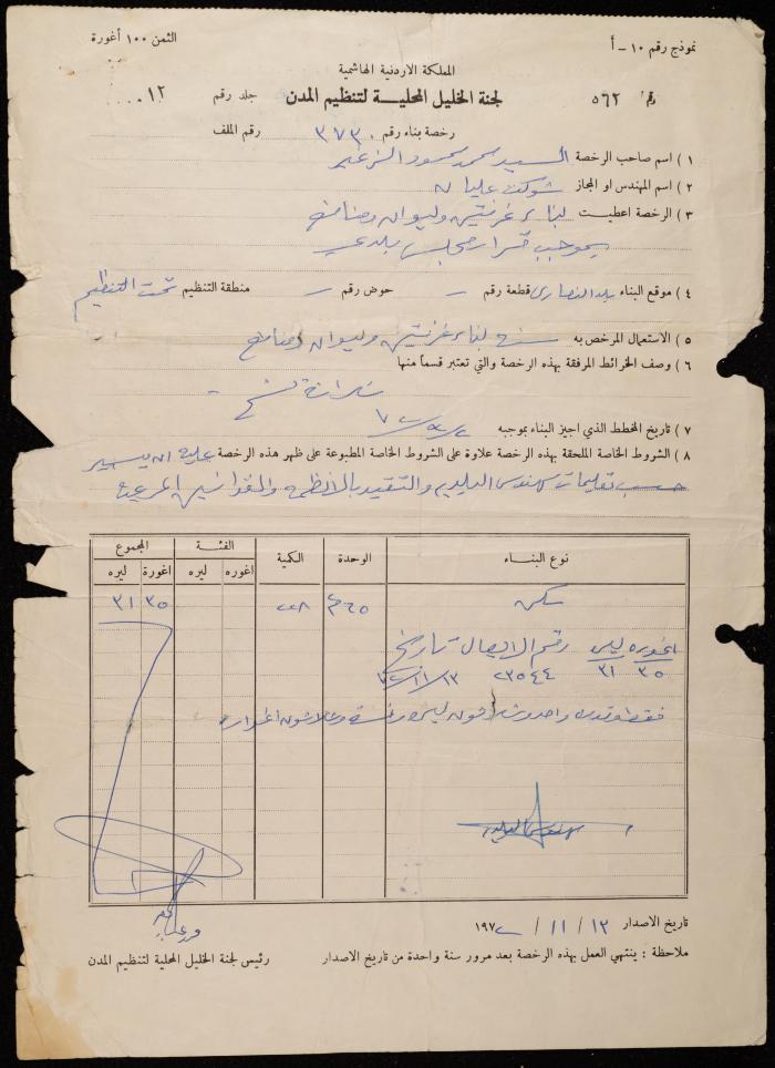 A Construction Permit by the Hebron Local City Planning Committee for Mohammad Zghayyer, 1972
