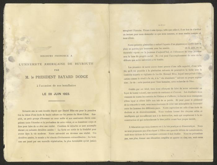 Inauguration Speech by Bayard Dodge, Beirut, 28 June 1923