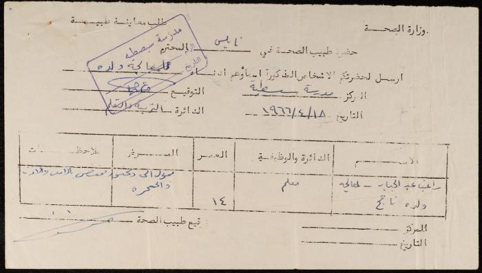 A Request for a Medical Examination from the Principal of Sebastia School, Nablus, 18 April 1966
