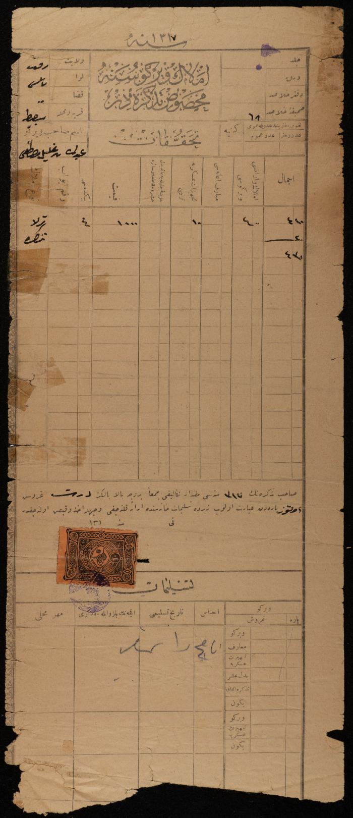وصل تحصيل ضريبتي الأملاك والتجهيزات العسكرية العثمانية من عبد الله خليل مصطفى، سبسطية، 1892