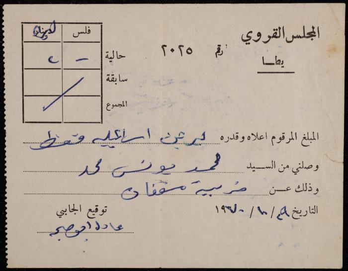 Property Tax Receipt from Yatta Village Council to Mohammad Mohammad, Yatta, 29 October 1970