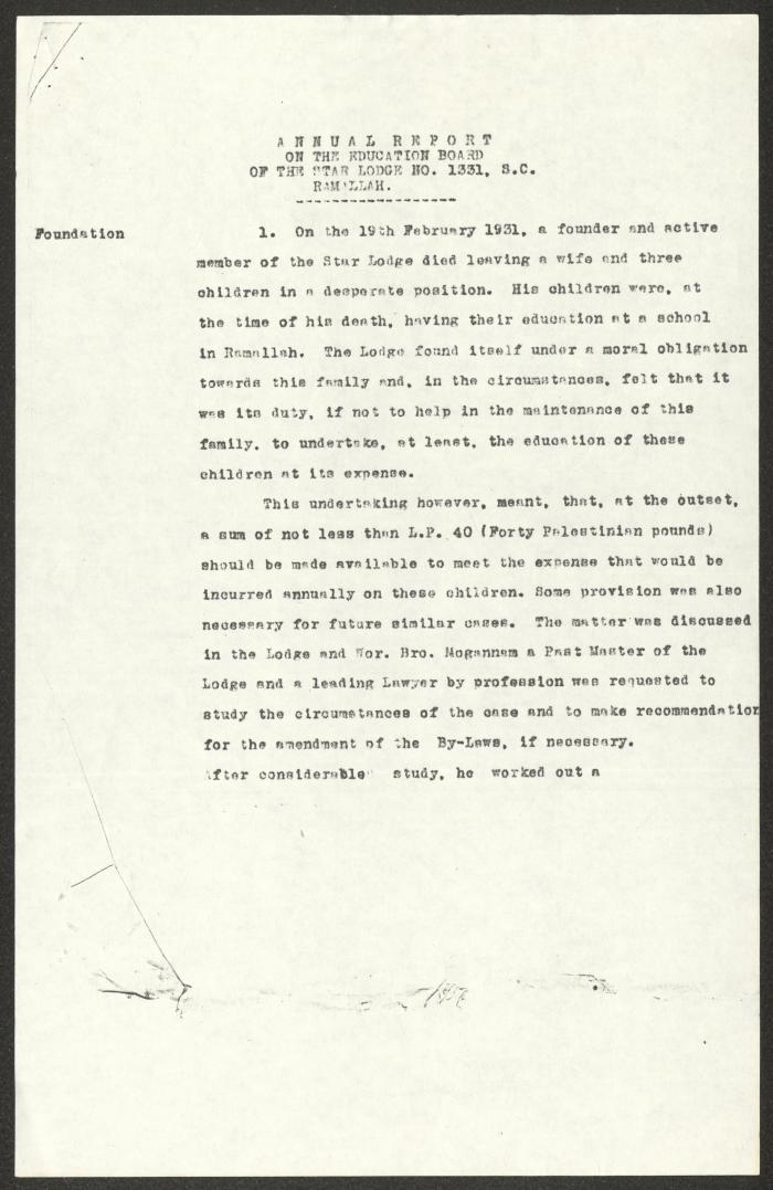 التقرير السنوي لمحفل النجمة، رام الله، 1931