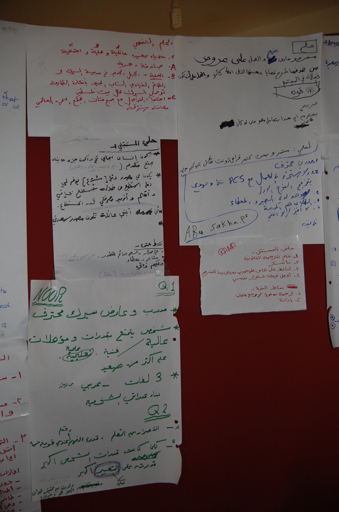 كتابات معلقة على الحائط من منتسبي مدرسة سيرك فلسطين