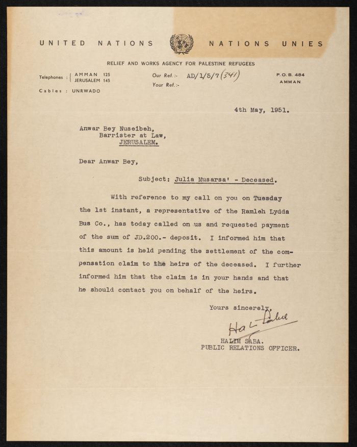 Judicial File of Anwar Nusseibeh, 1950-1951