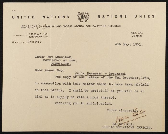Judicial File of Anwar Nusseibeh, 1950-1951