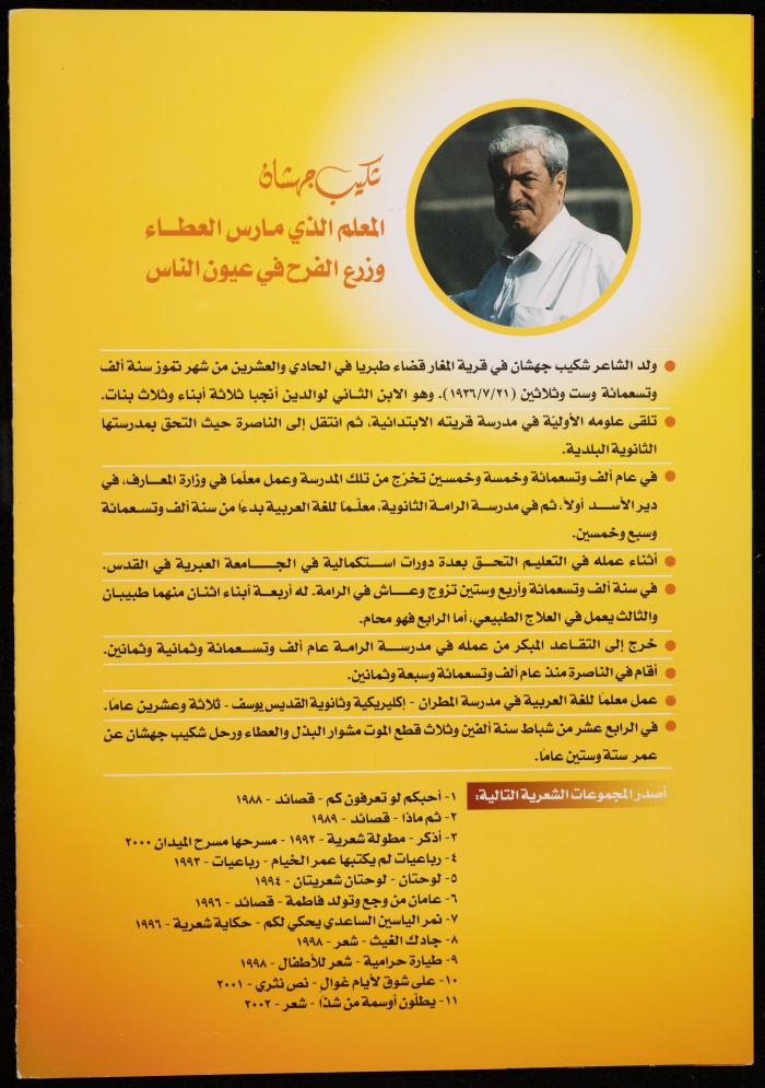 نشرة عن الشاعر شكيب جهشان في ذكرى الأربعين، 2003