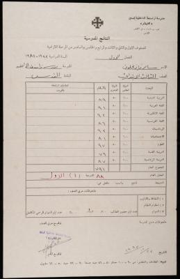 شهادة مدرسية للطالب سامر مخلوف صادرة عن مدرسة تراسنطا الداخلية للبنين، 23 كانون الأول 1983