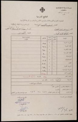 شهادة مدرسية للطالب سامر مخلوف صادرة عن مدرسة تراسنطا الداخلية للبنين، 1 حزيران 1983