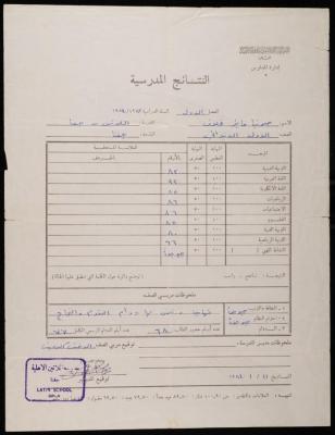 شهادة مدرسية للطالبة صونيا مخلوف صادرة عن مدرسة اللاتين الأهلية، 11 كانون الثاني 1984