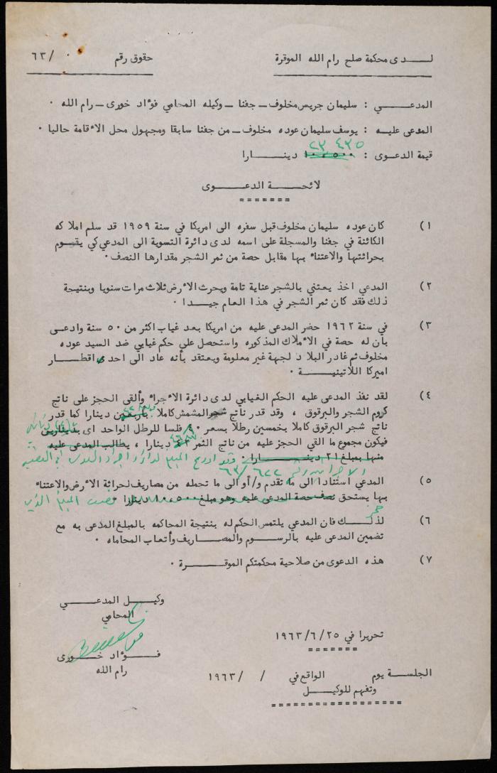 A Lawsuit List by the Ramallah Magistrate Court, 25 June 1963