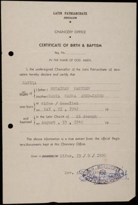 Birth and Baptism Certificate for Rafika Sleiman Nakhle, Jerusalem, 19 August 1980