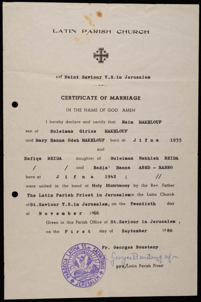 A Certificate of Marriage by St. Saviour's Parish Office in Jerusalem, 1 September 1980