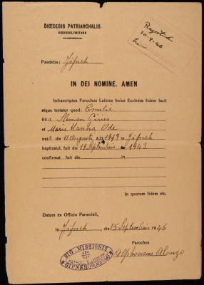 A Baptismal Certificate for Emily Jeries by the Latin Patriarchate of Jerusalem, 1946