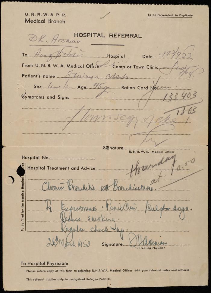 A Hospital Referral by the UNRWA for Sleiman Odeh, Jerusalem, 1963