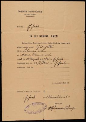 A Baptismal Certificate for Georgette Odeh by the Latin Patriarchate of Jerusalem, 1950