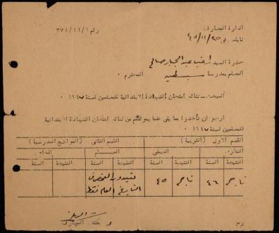 A Letter from the Education Inspector to Ragheb Abdel-Jabbar, Nablus, 25 November 1947