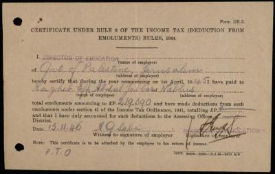 Tax Deduction Certificate in the Name of Ragheb Abdel-Jabbar, Jerusalem, 13 November 1946