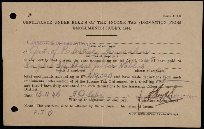 Tax Deduction Certificate in the Name of Ragheb Abdel-Jabbar, Jerusalem, 13 November 1946