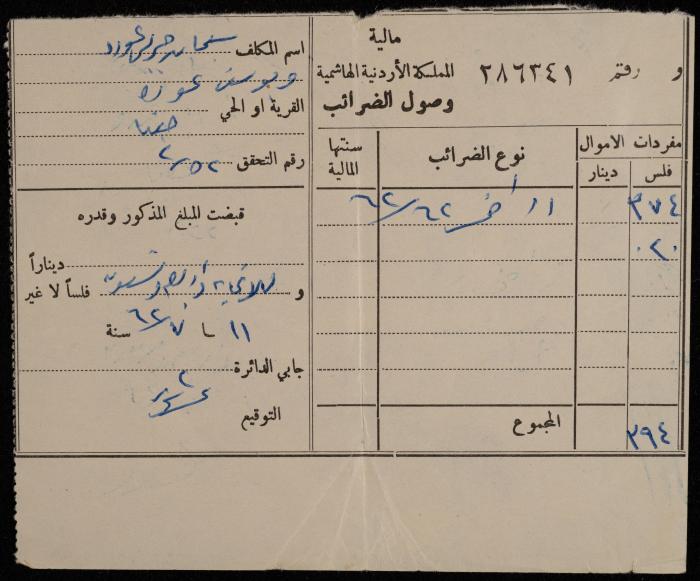 A Tax Receipt for Sleiman and Yousef Makhlouf, Jifna, 11 July 1962
